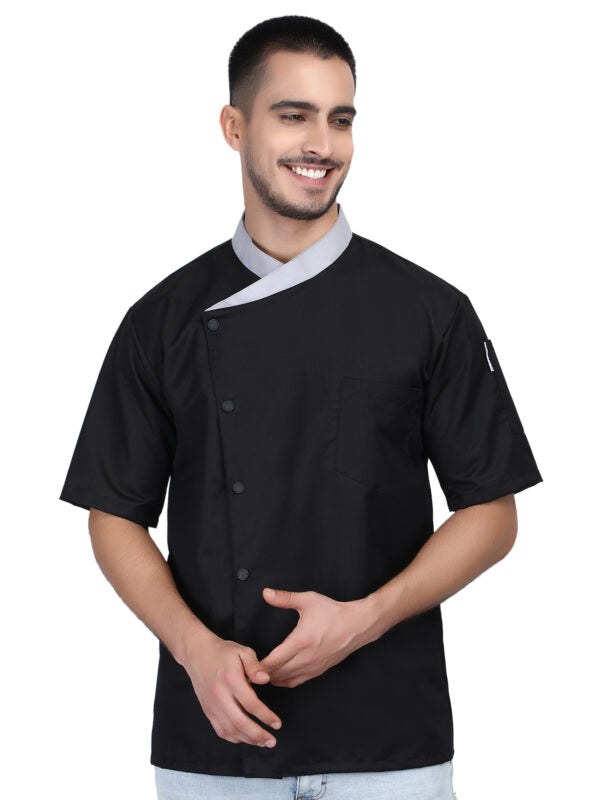 Short Sleeves Contrast Collar Unisex Stylish Chef Cook Coat Jacket